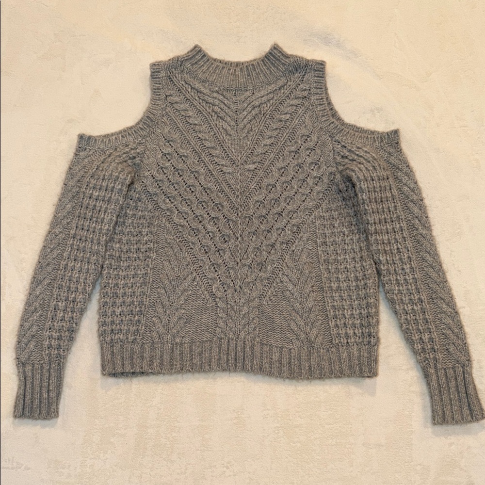 Express Medium Gray Cold Shoulder Cable Knit Swea… - image 1